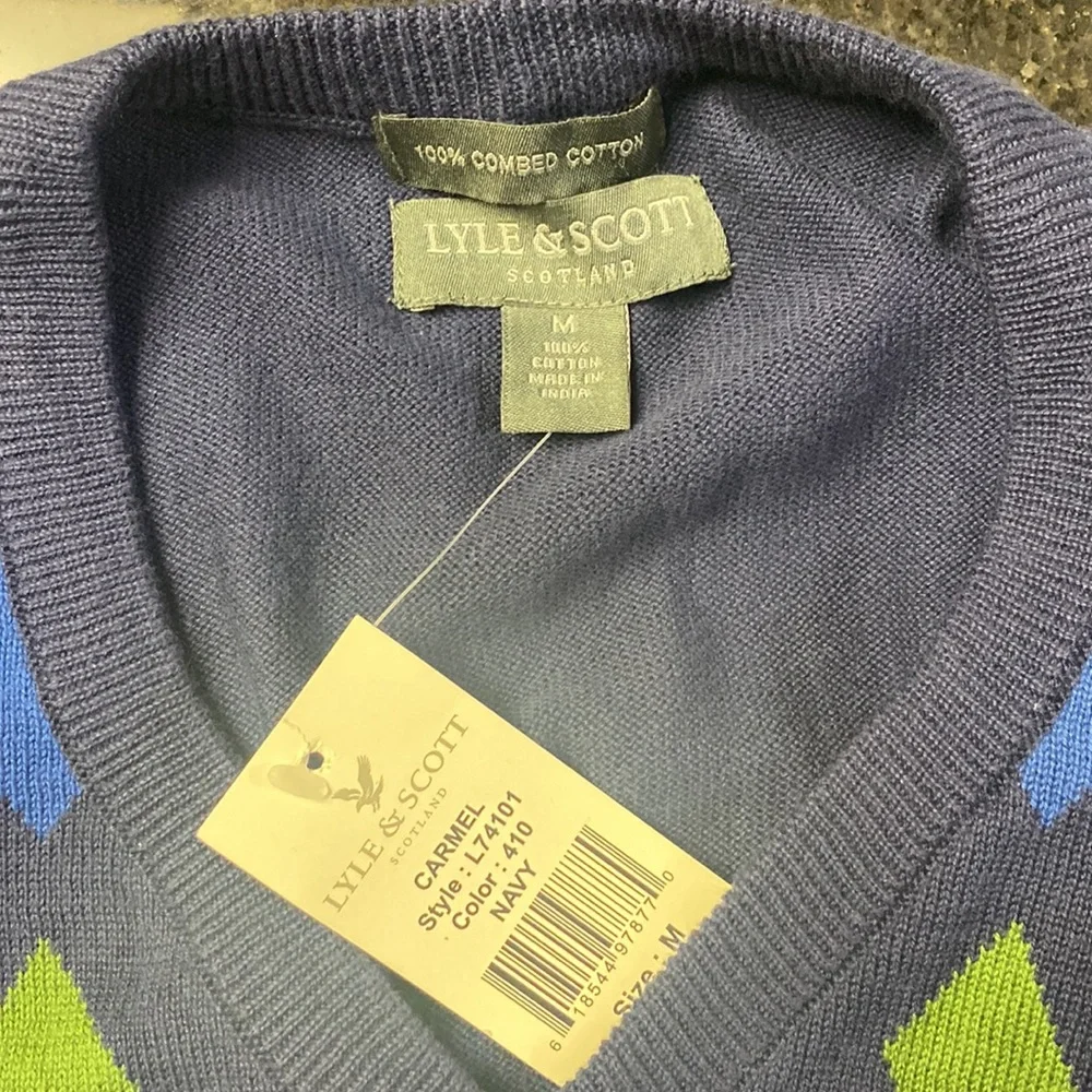 Lyle & Scott Scotland navy blue & green argyle sweater vest size Medium